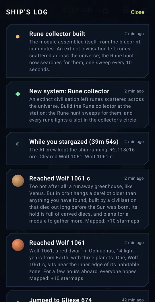 Game screenshot: Ship’s log