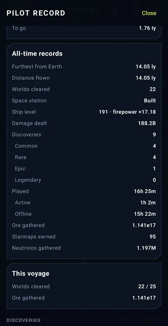 Game screenshot: Pilot record